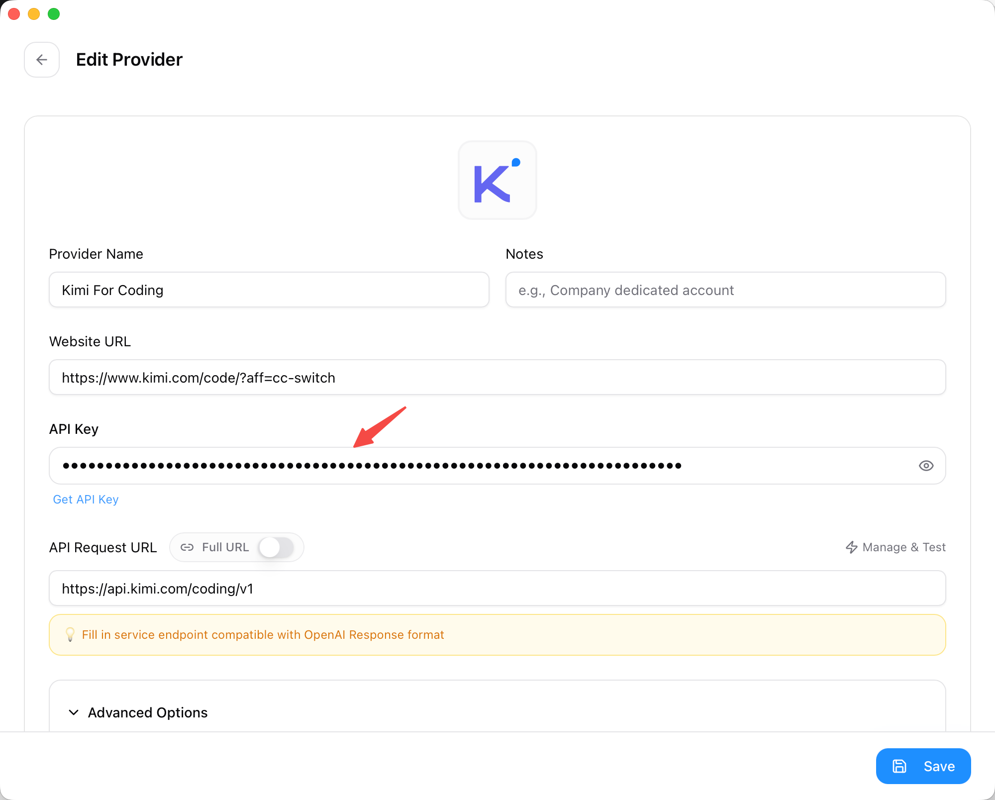 Fill in the API Key and API request URL
