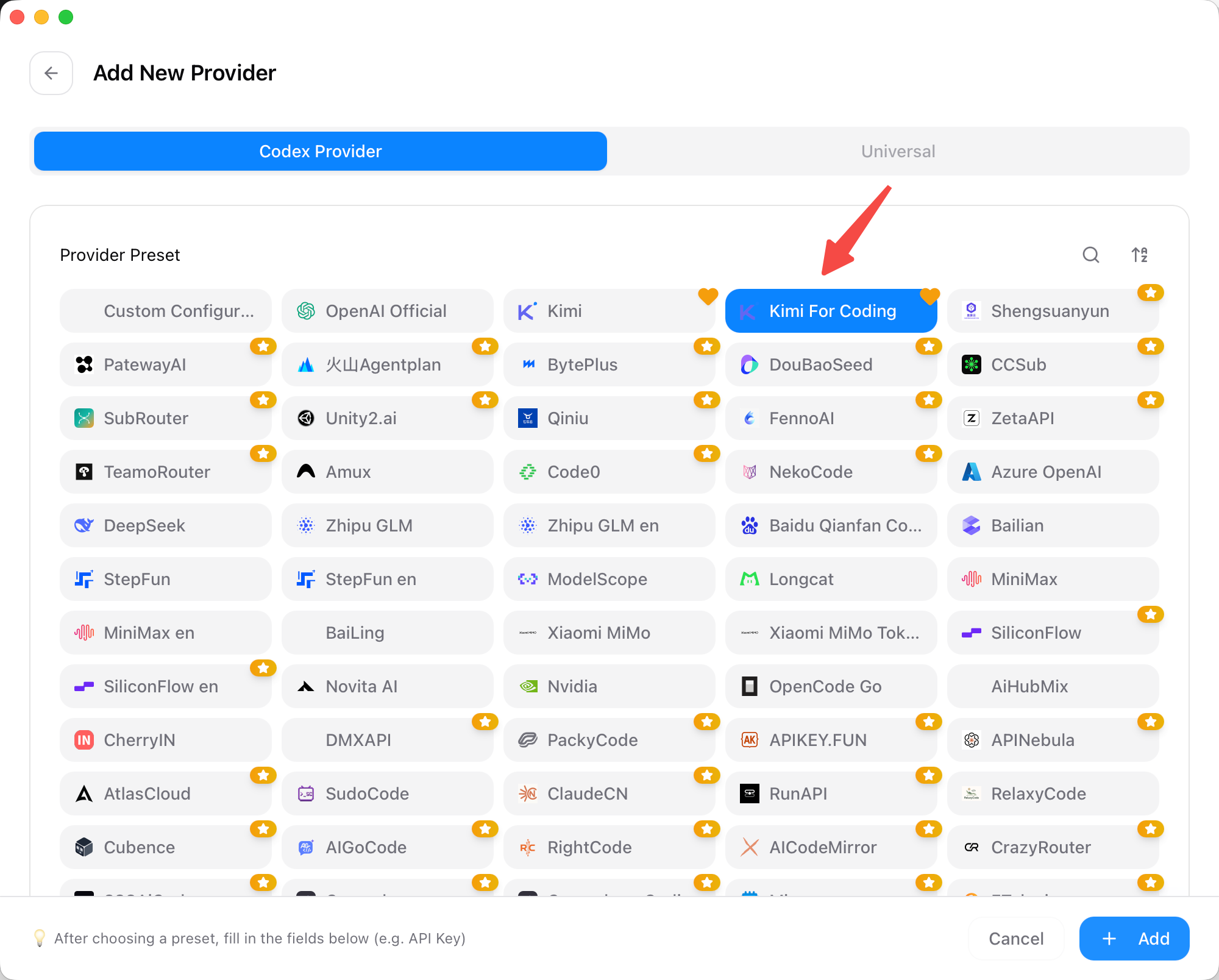 Select Kimi For Coding from the preset provider list