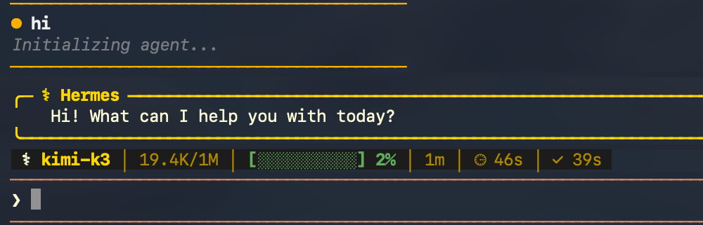 The status bar after startup shows the model and context window