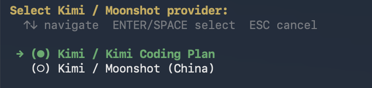 Select Kimi / Kimi Coding Plan in the submenu
