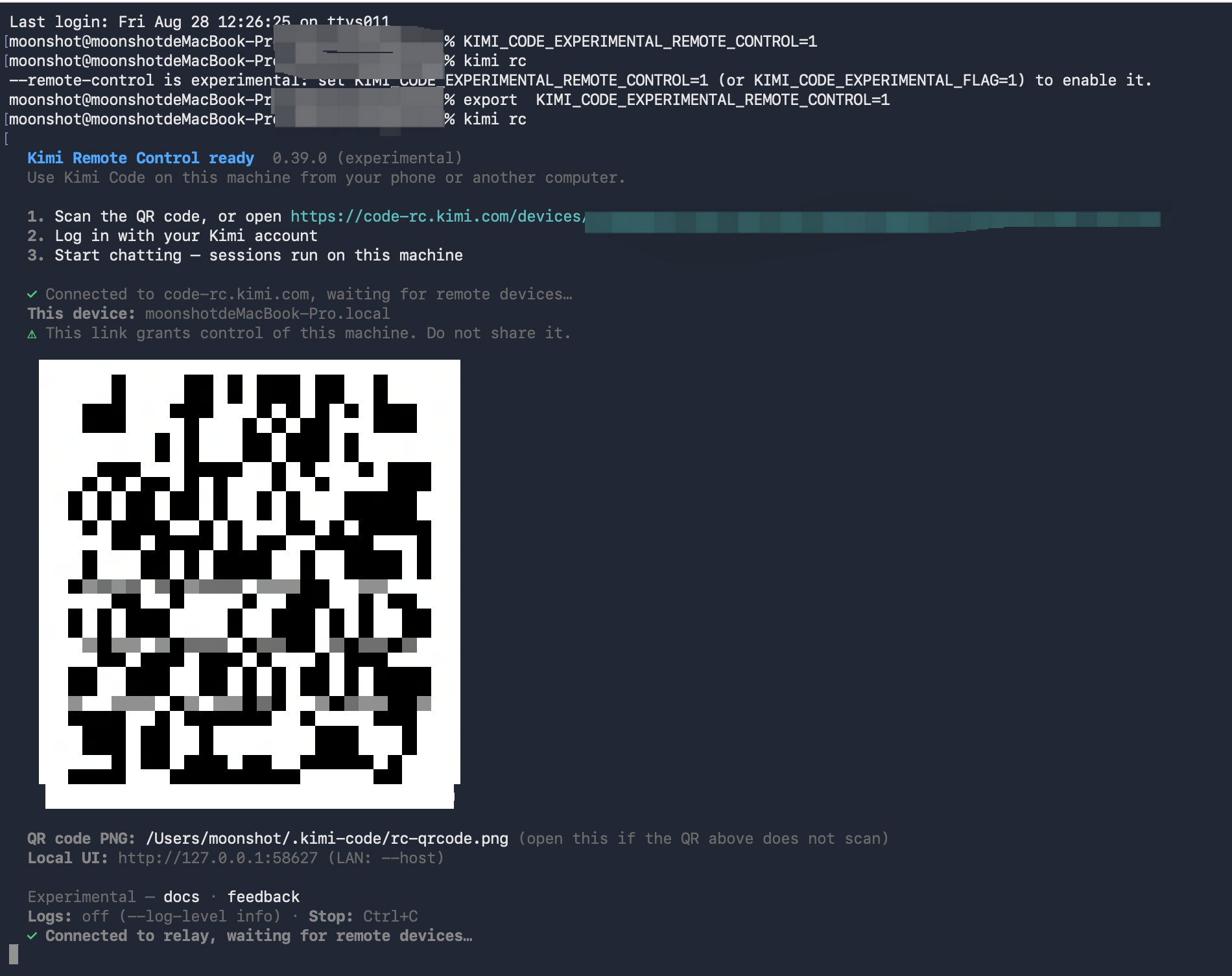 Terminal output after starting kimi rc: QR code and connection status