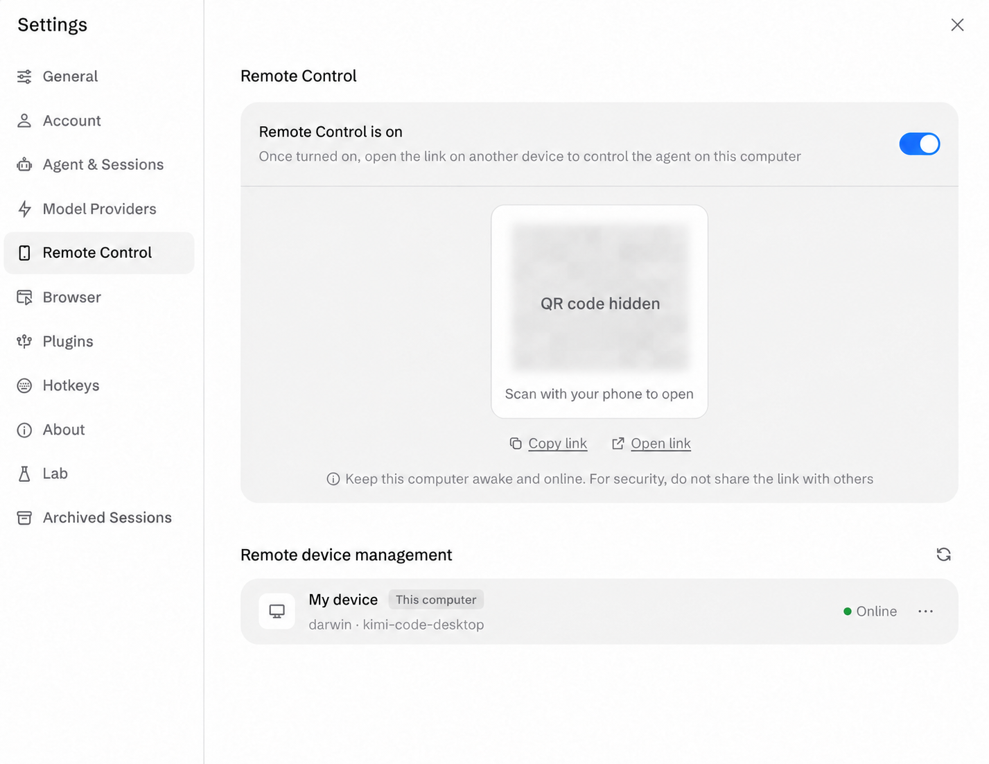 Remote Control page in Kimi Code Desktop settings