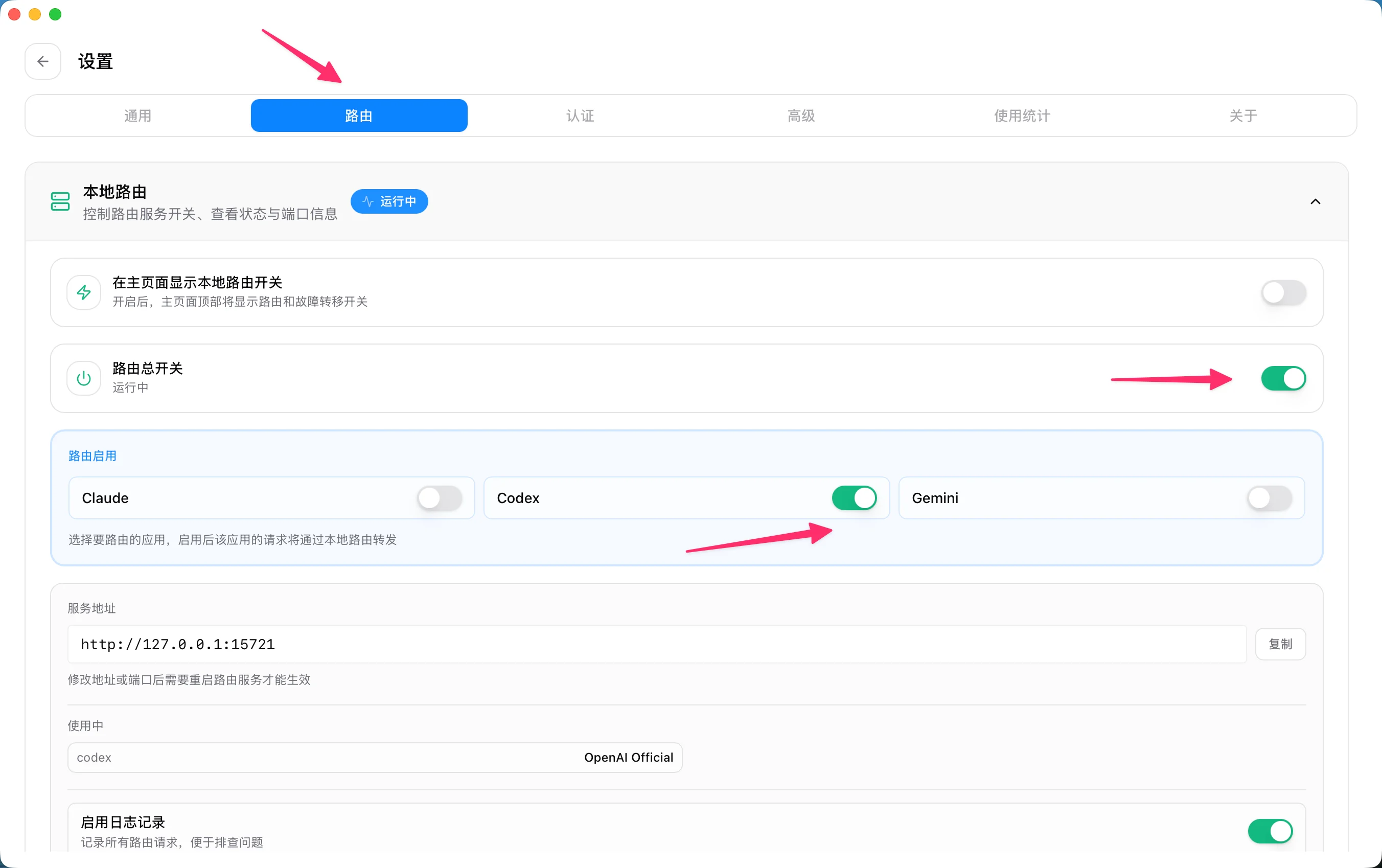 开启路由总开关和 Codex 路由