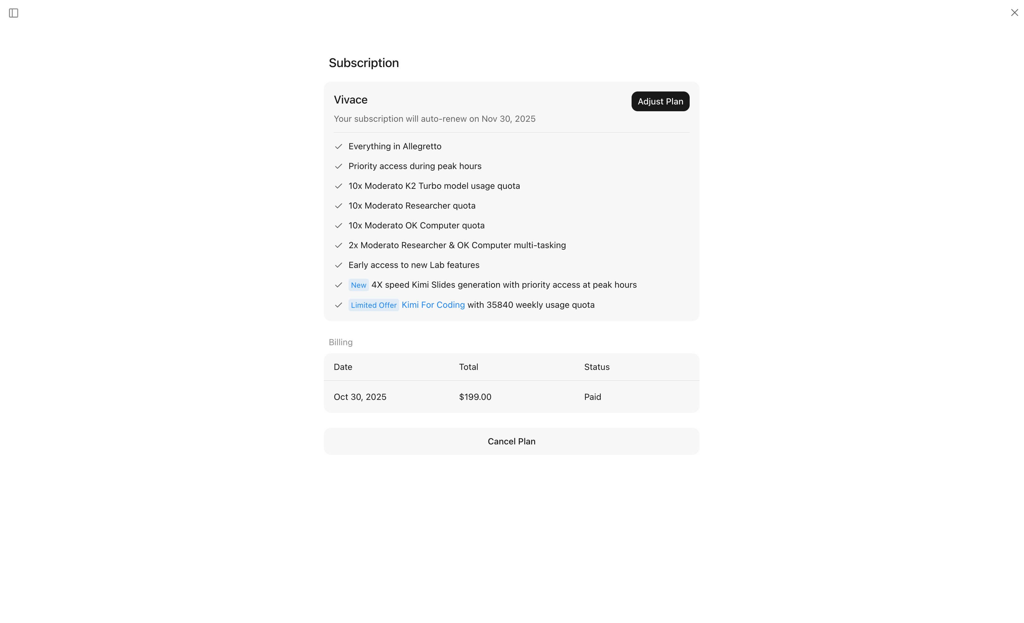 The "Kimi For Coding" text in the Subscription page