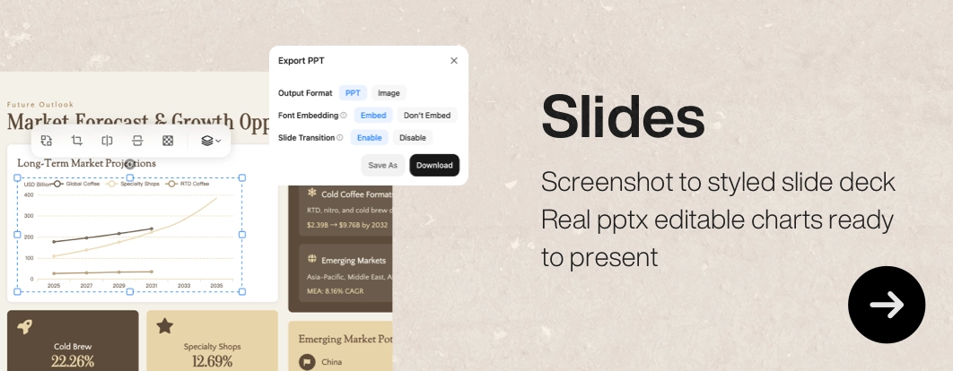 Slides: Screenshot to styled slide deck Real pptx editable charts ready to present