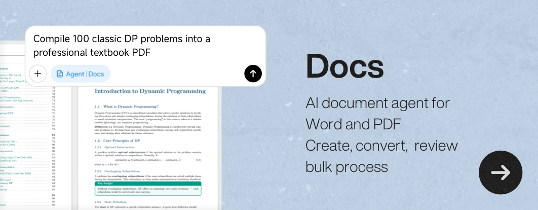 Docs: AI document agent for Word and PDF Create, convert, review bulk process.